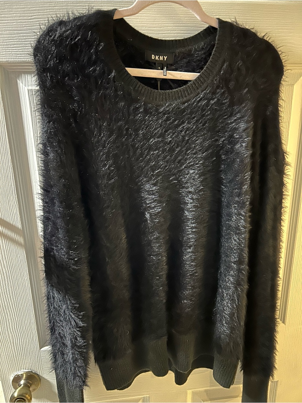 black DKNY long-sleeve sweater Size M fuzzy eyelash knit fabric